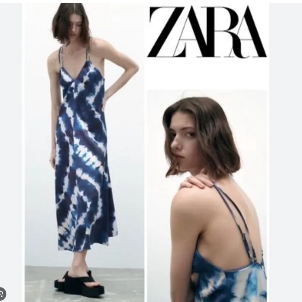 Zara Blue White Strappy V Neck Tie-Dye Satin Effect Boho Beachy Midi Dress M/L